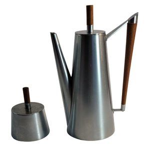 Vintage Italian Sugar And Coffee Pot Stainless With Teakwood Mid Century Modern